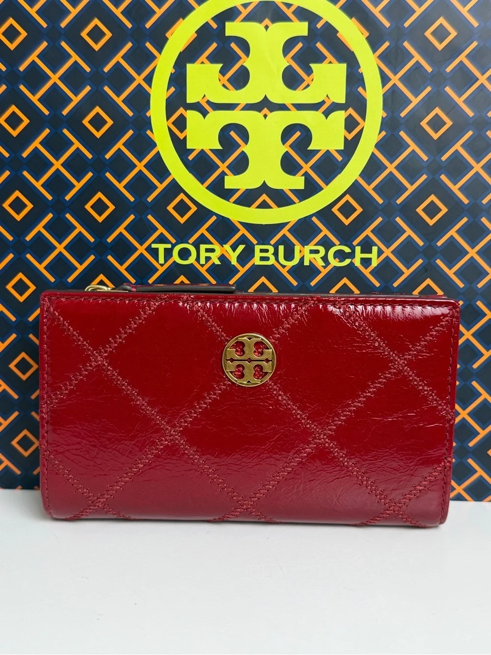 Tory Burch Red Quilted Patent Leather Continental Wallet with Gold Logo